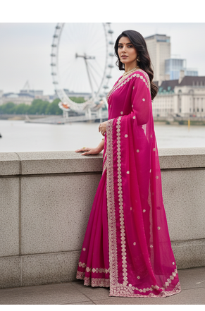 Women Rani Pink Embroidered Border Saree 3