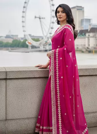Women Rani Pink Embroidered Border Saree