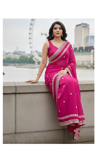 Women Rani Pink Embroidered Border Saree 4