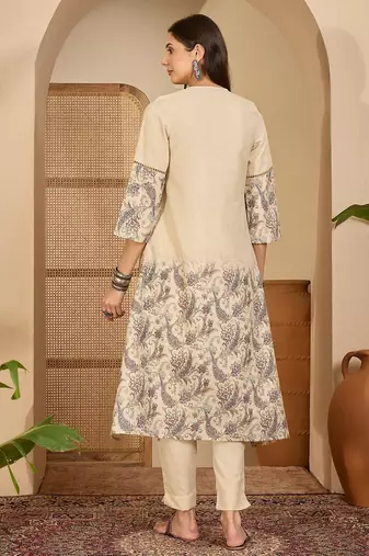 Floral printed round neck a-line kurta & trousers
