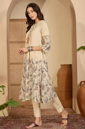 Floral printed round neck a-line kurta & trousers