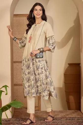 Floral printed round neck a-line kurta & trousers