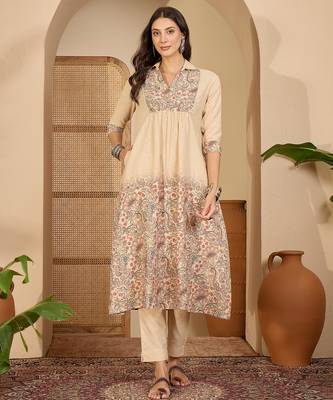 Floral printed shirt collar neck a-line kurta with trousers 1