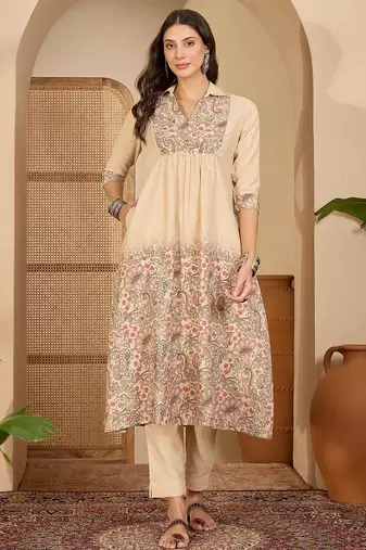 Floral printed shirt collar neck a-line kurta with trousers