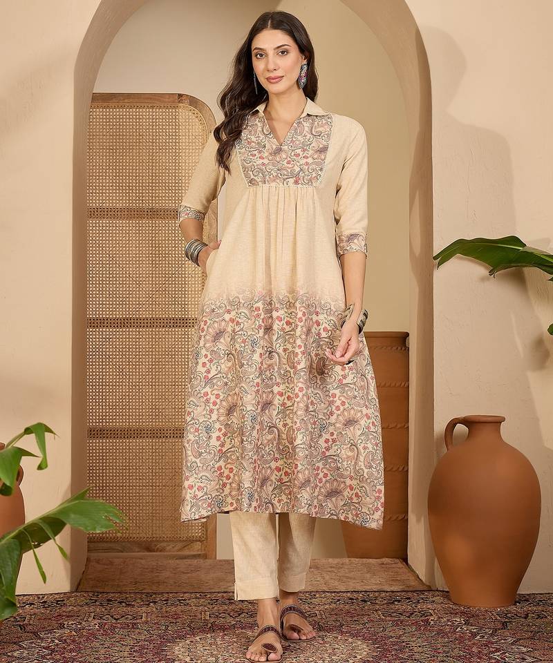 Floral printed shirt collar neck a-line kurta with trousers