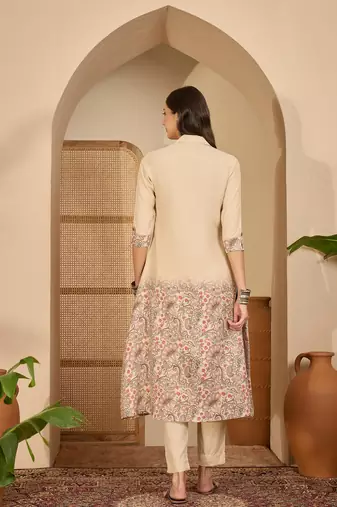 Floral printed shirt collar neck a-line kurta with trousers