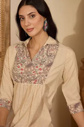 Floral printed shirt collar neck a-line kurta with trousers
