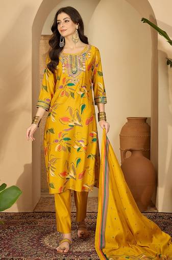 Women floral printed regular thread work kurta with trousers & with dupatta