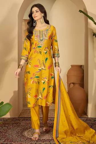 Women floral printed regular thread work kurta with trousers & with dupatta