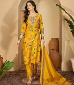 Women floral printed regular thread work kurta with trousers & with dupatta