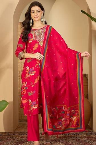 Women floral printed regular thread work kurta with trousers & with dupatta