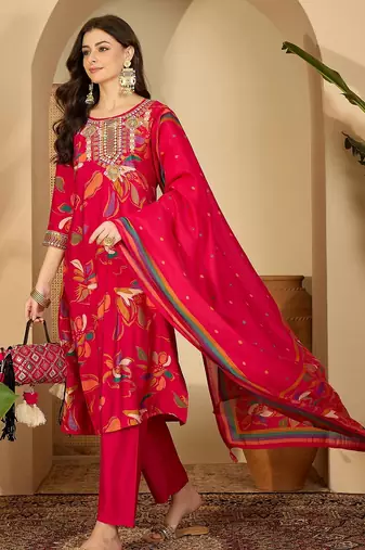 Women floral printed regular thread work kurta with trousers & with dupatta