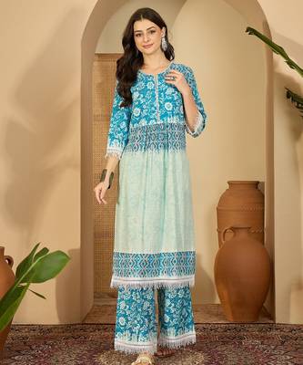 Ethnic motifs printed tiered mandarin collar kurta with palazzos 1