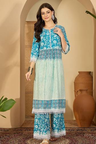 Ethnic motifs printed tiered mandarin collar kurta with palazzos