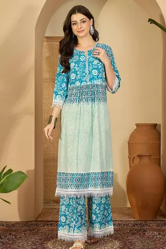 Ethnic motifs printed tiered mandarin collar kurta with palazzos