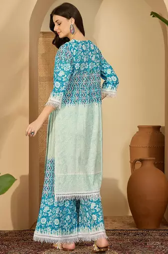 Ethnic motifs printed tiered mandarin collar kurta with palazzos
