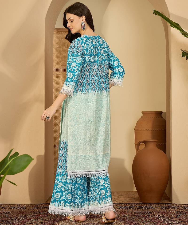 Ethnic motifs printed tiered mandarin collar kurta with palazzos