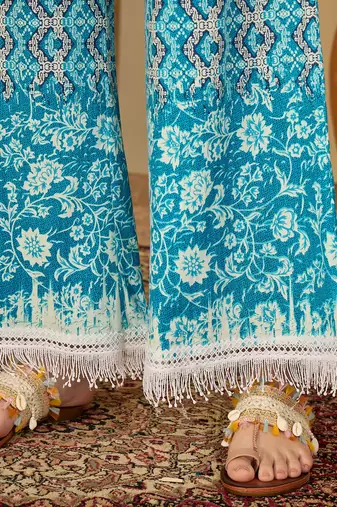 Ethnic motifs printed tiered mandarin collar kurta with palazzos