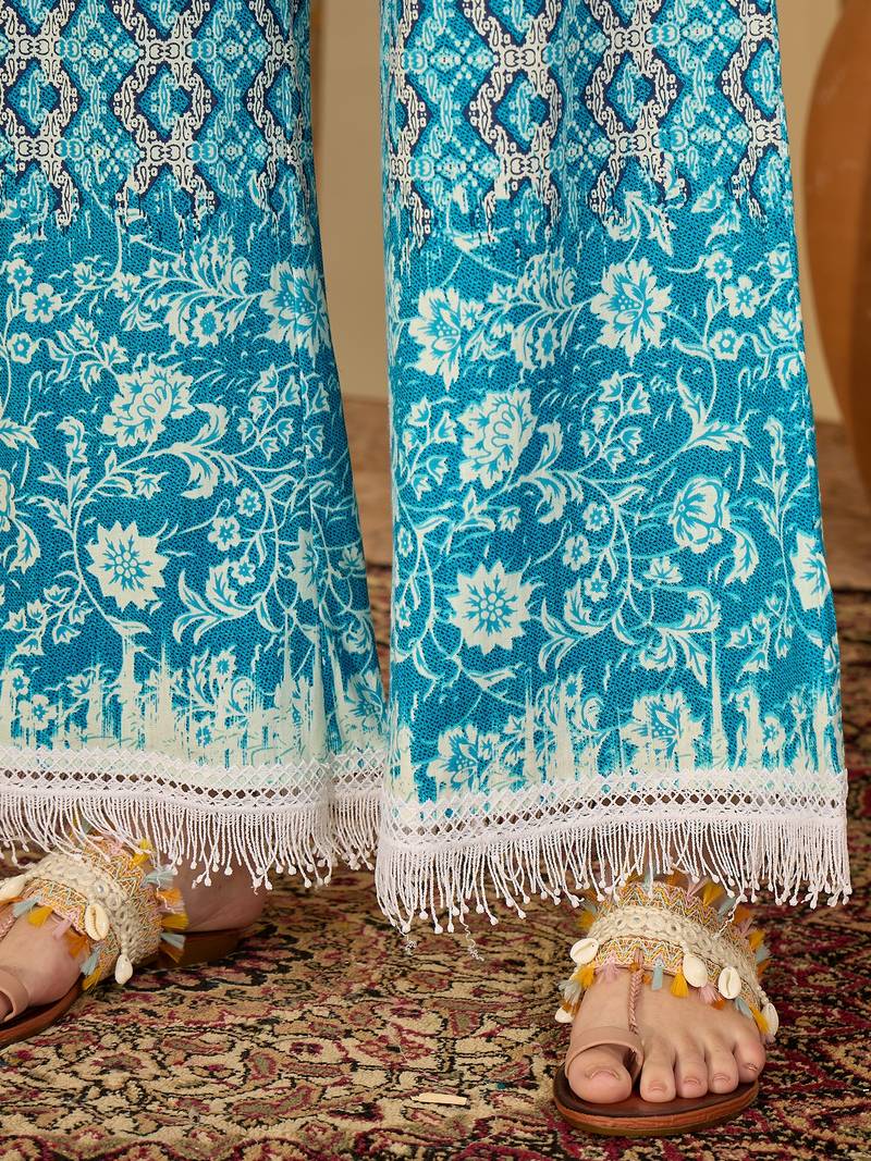 Ethnic motifs printed tiered mandarin collar kurta with palazzos