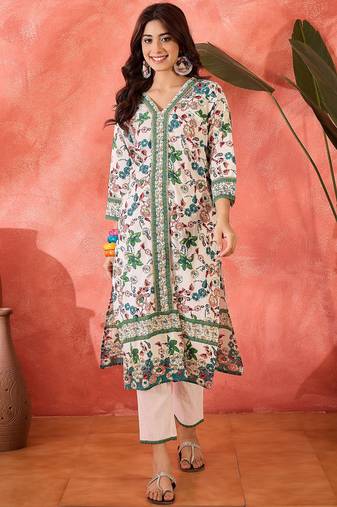 Women floral printed cotton kurta with trousers