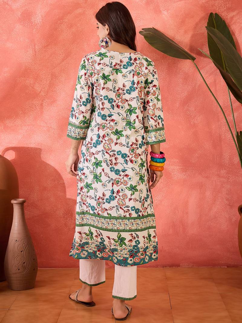 Women floral printed cotton kurta with trousers