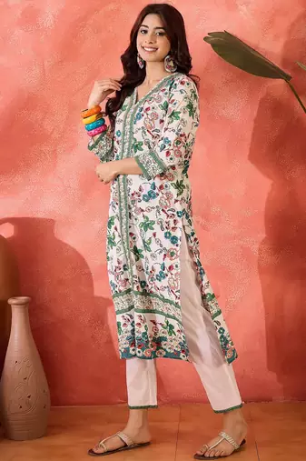 Women floral printed cotton kurta with trousers