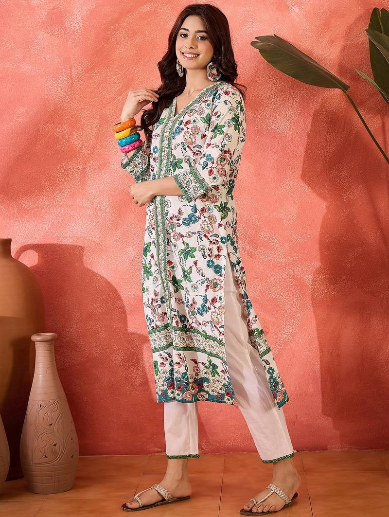 Women floral printed cotton kurta with trousers