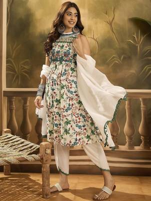 Women floral printed cotton kurta with dhoti pant & dupatta 1