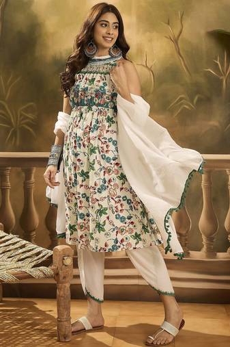 Women floral printed cotton kurta with dhoti pant & dupatta