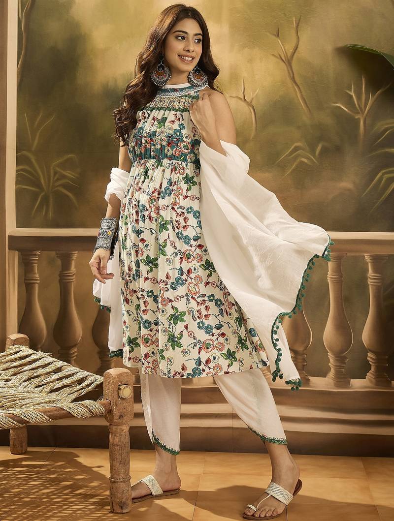 Women floral printed cotton kurta with dhoti pant & dupatta
