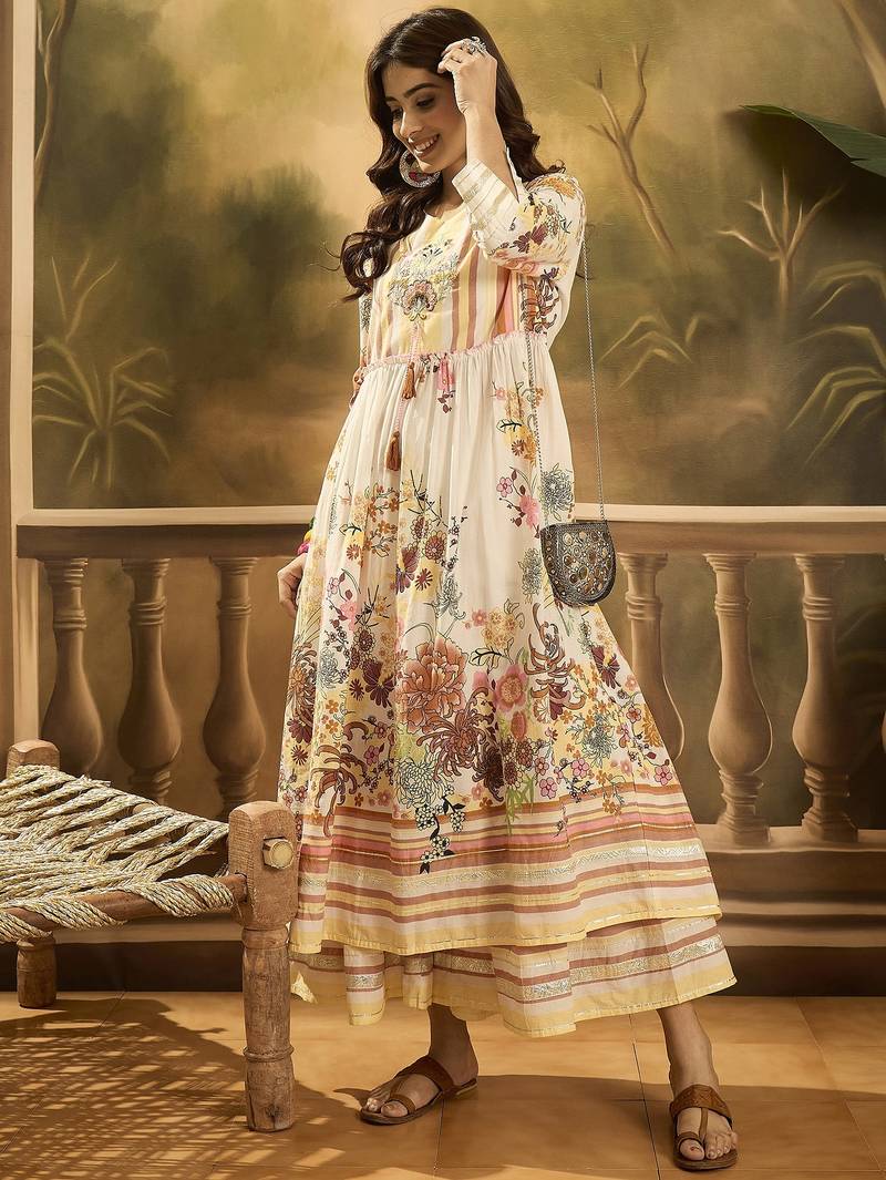 Women floral printed cotton kurta with sharara