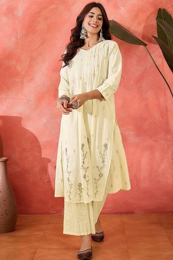Women floral embroidered cotton kurta with trousers