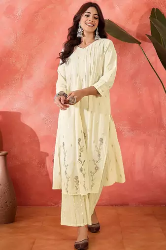 Women floral embroidered cotton kurta with trousers