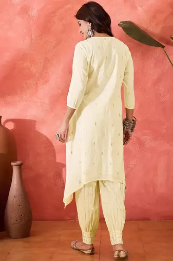 Women ethnic motifs embroidered cotton kurta with trousers