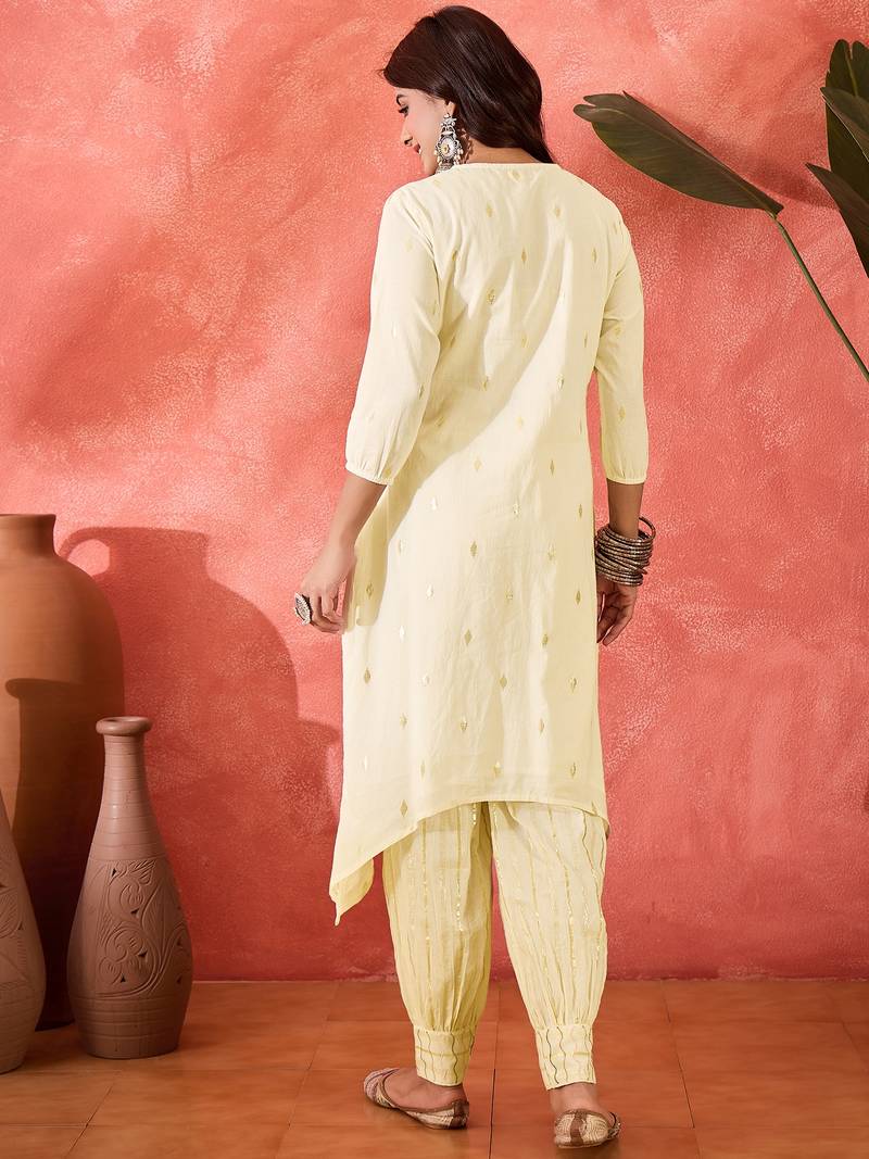 Women ethnic motifs embroidered cotton kurta with trousers