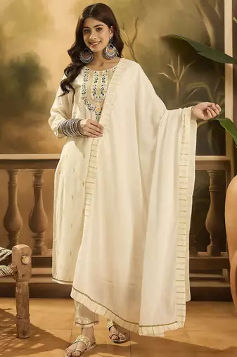 Women solid embroidered cotton kurta with trousers & dupatta