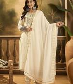 Women solid embroidered cotton kurta with trousers & dupatta