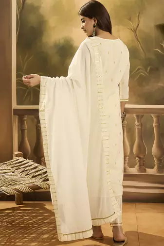 Women solid embroidered cotton kurta with trousers & dupatta