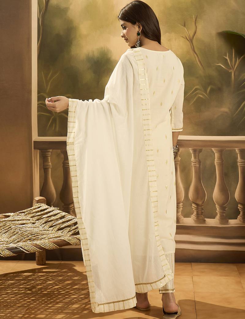 Women solid embroidered cotton kurta with trousers & dupatta