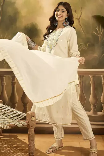 Women solid embroidered cotton kurta with trousers & dupatta