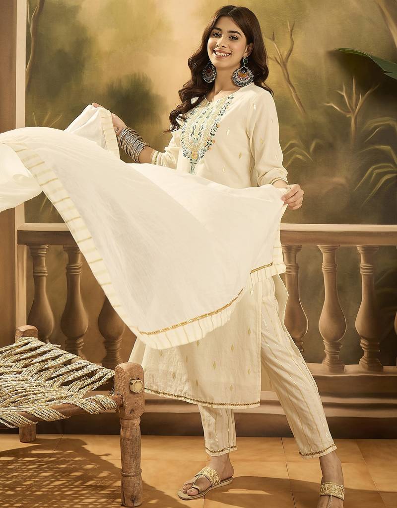 Women solid embroidered cotton kurta with trousers & dupatta