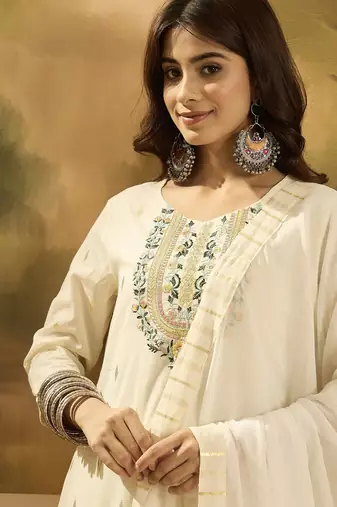 Women solid embroidered cotton kurta with trousers & dupatta
