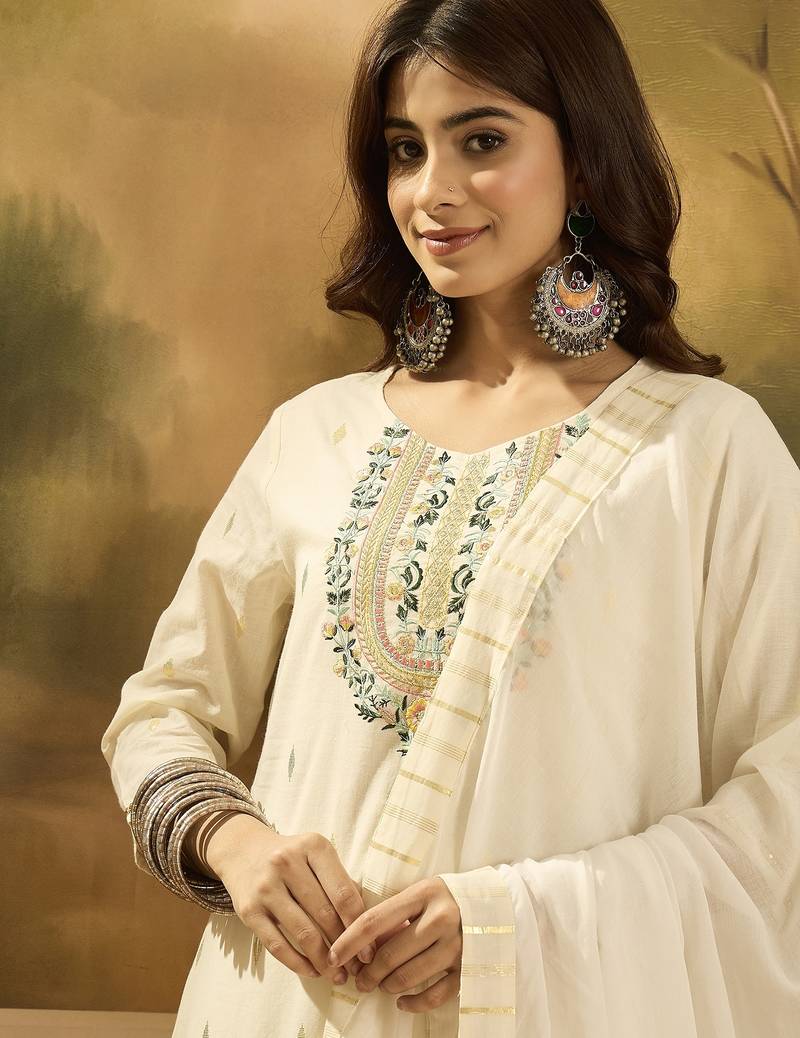 Women solid embroidered cotton kurta with trousers & dupatta
