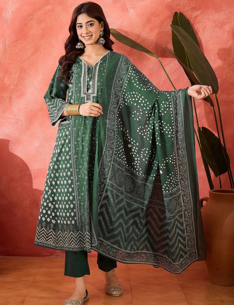 Women floral printed cotton kurta with trousers & dupatta