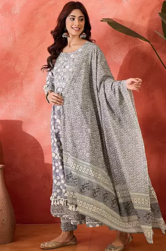 Women ethnic motifs printed cotton kurta with trousers & dupatta