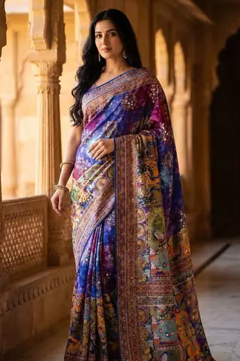 Roman Silk With ajarakh Print And Real Mirror Work Women's Saree With Blouse Set 