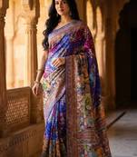 Roman Silk With ajarakh Print And Real Mirror Work Women's Saree With Blouse Set 