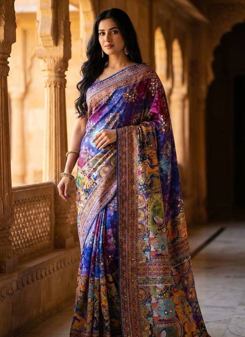 Roman Silk With ajarakh Print And Real Mirror Work Women's Saree With Blouse Set 