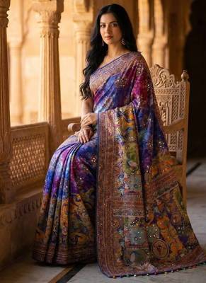 Roman Silk With ajarakh Print And Real Mirror Work Women's Saree With Blouse Set  2