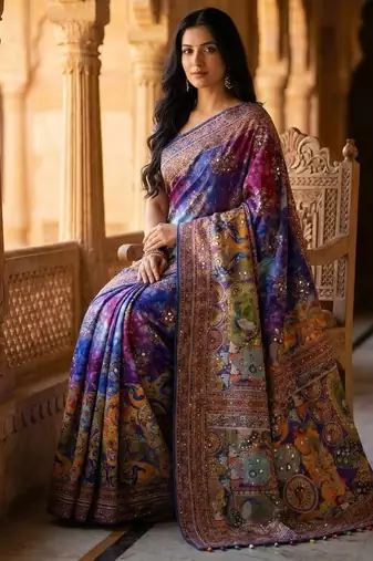 Roman Silk With ajarakh Print And Real Mirror Work Women's Saree With Blouse Set 